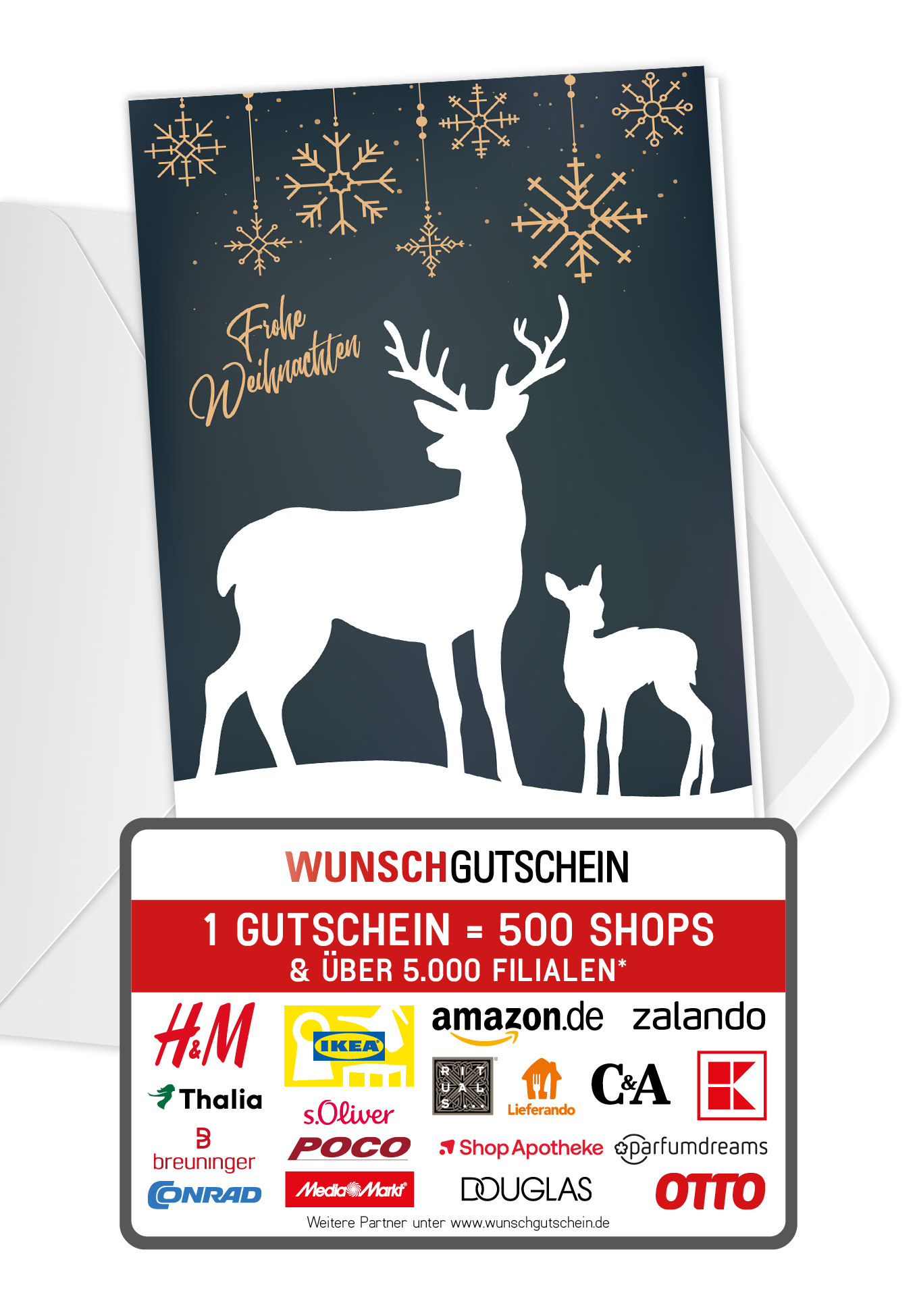 Wunschgutschein Frohe Weihnachten - Rentier Grün – Geschenkgutschein Ansicht 1