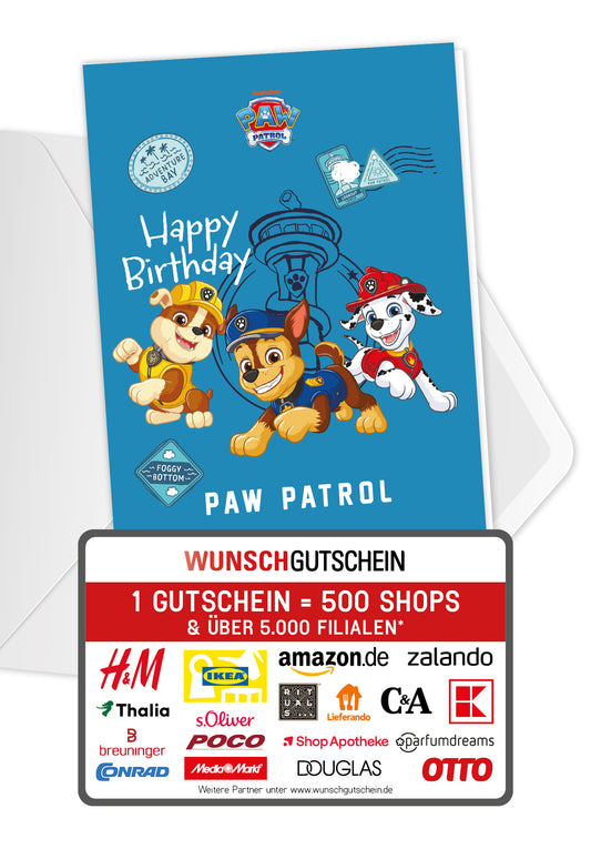 Wunschgutschein Paw Patrol - Happy Birthday - Blau PDF – Geschenkgutschein Ansicht 1