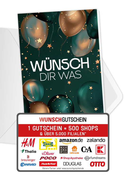 Wunschgutschein Wünsch dir was - Ballons Dunkelgrün Gold – Geschenkgutschein Ansicht 1