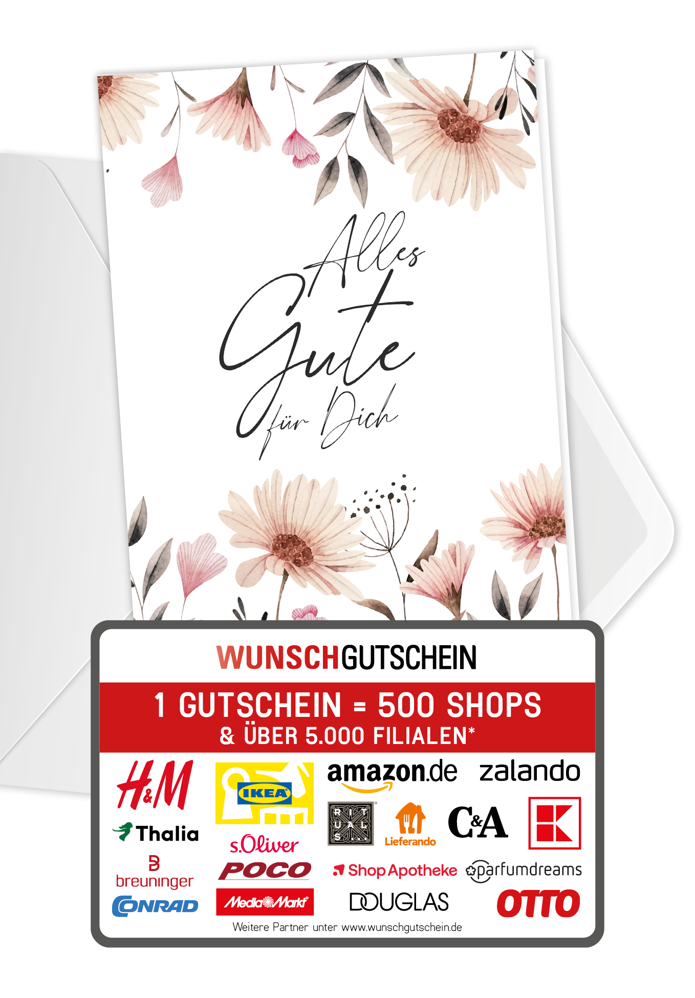 Wunschgutschein Alles Gute - Blumen weiß PDF – Geschenkgutschein Ansicht 1