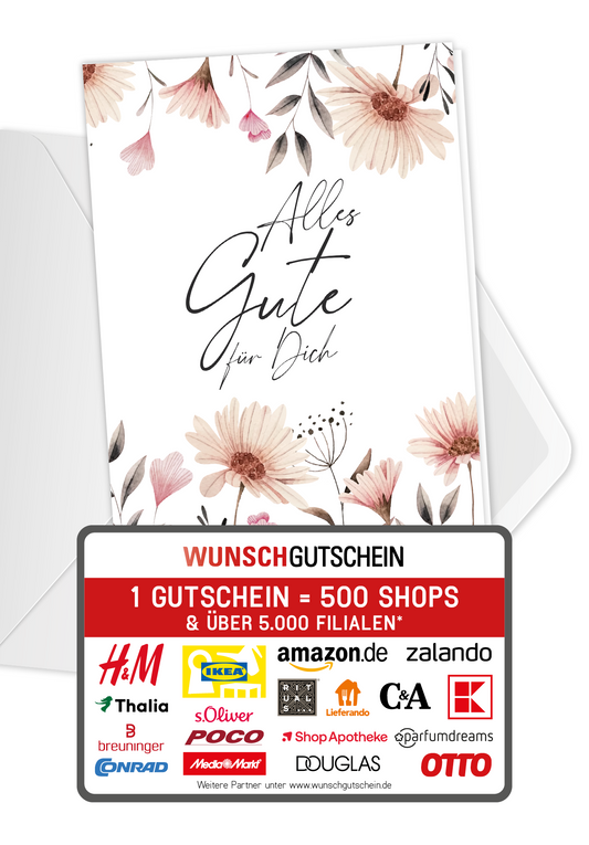 Wunschgutschein Alles Gute - Blumen weiß PDF – Geschenkgutschein Ansicht 1