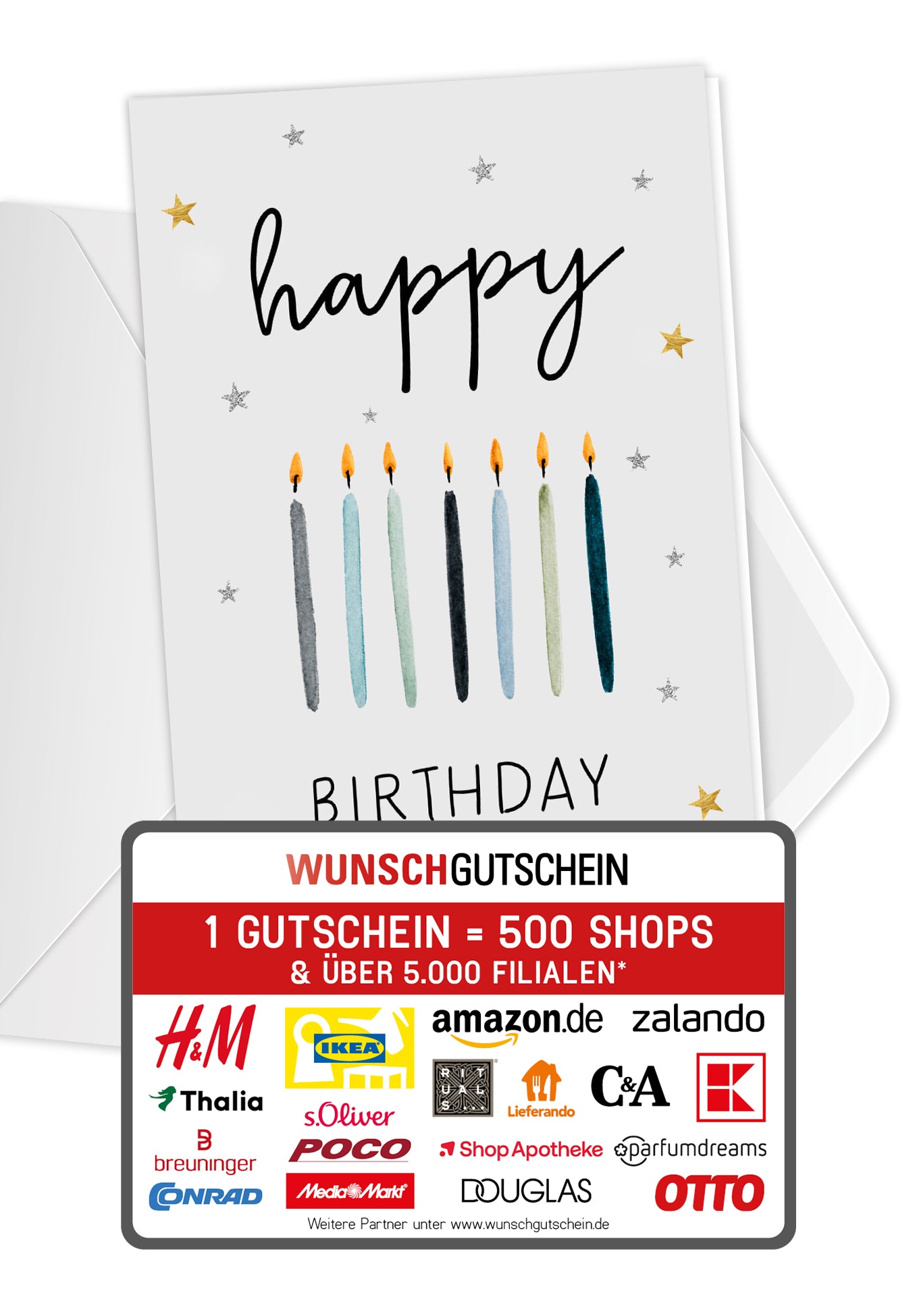 Wunschgutschein Happy Birthday - Kerzen Blau Sterne – Geschenkgutschein Ansicht 1