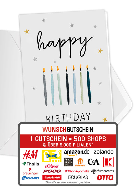Wunschgutschein Happy Birthday - Kerzen Blau Sterne – Geschenkgutschein Ansicht 1