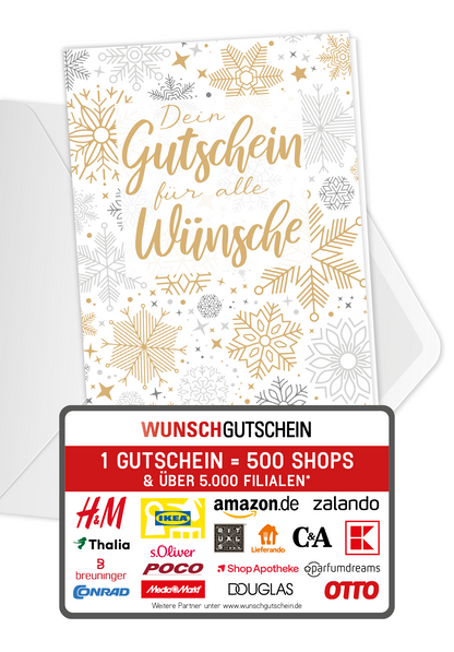 Wunschgutschein Für alle Wünsche - Schneeflocken Gold – Geschenkgutschein Ansicht 1