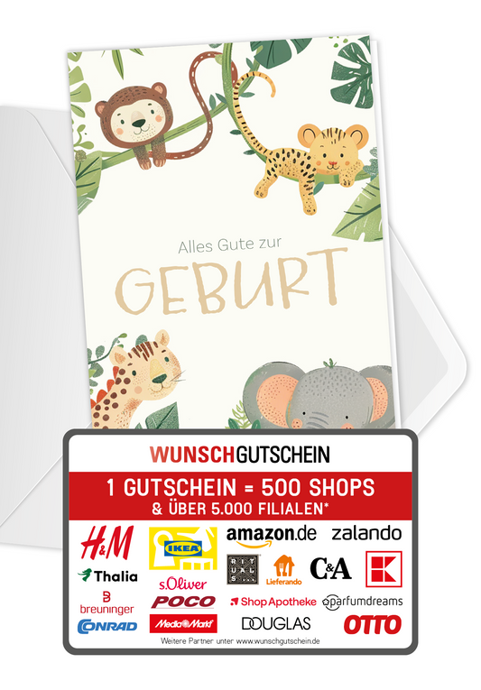 Wunschgutschein Alles Gute zur Geburt - Tiere Beige PDF – Geschenkgutschein Ansicht 1