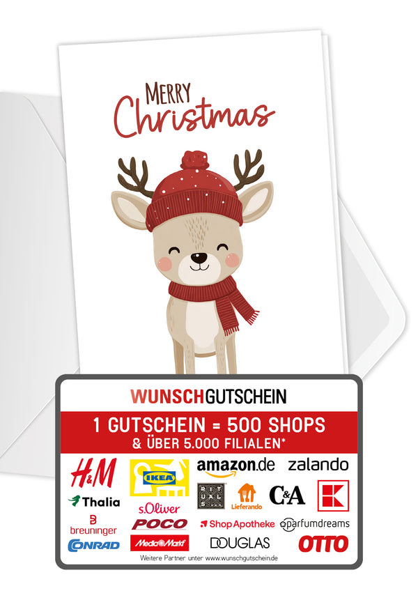 Wunschgutschein Merry Christmas - Rentier mit Mütze – Geschenkgutschein Ansicht 1