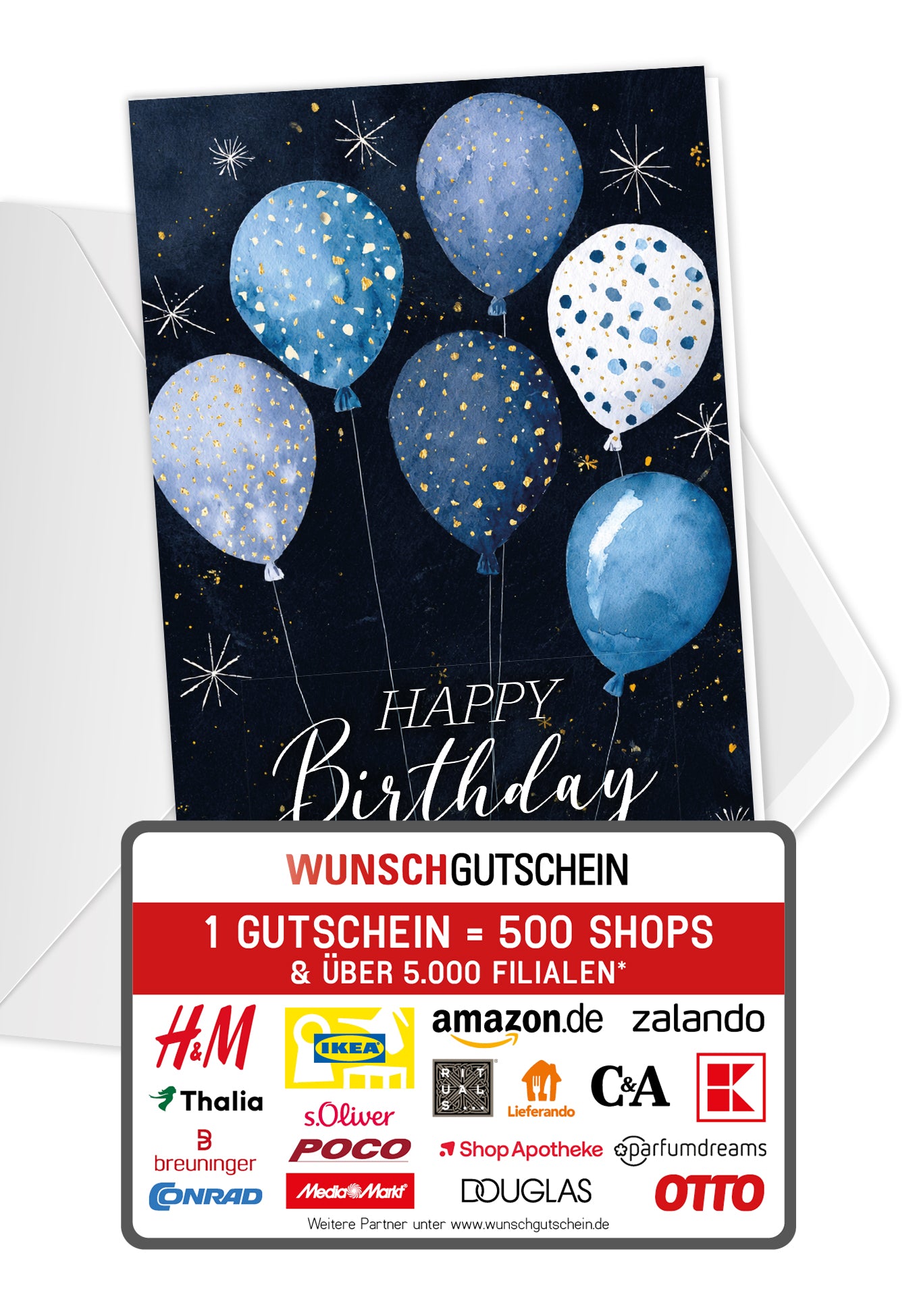 Wunschgutschein Happy Birthday - Ballons Blau Sterne PDF – Geschenkgutschein Ansicht 1