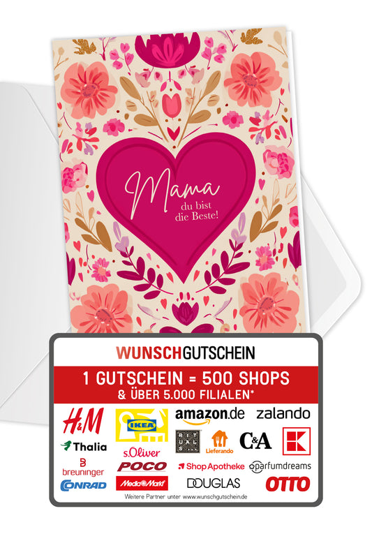 Wunschgutschein Mama du bist die Beste - Herz Blumenmuster – Geschenkgutschein Ansicht 1