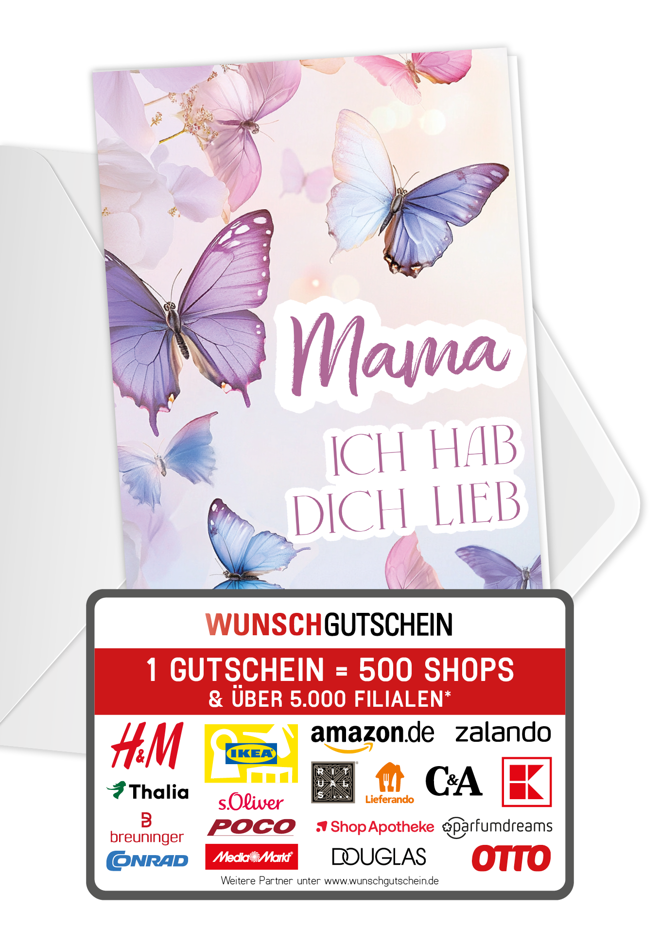 Wunschgutschein Mama hab dich lieb - Schmetterlinge Lila – Geschenkgutschein Ansicht 1