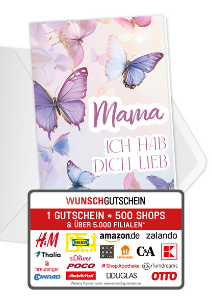 Wunschgutschein Mama hab dich lieb - Schmetterlinge Lila – Geschenkgutschein Ansicht 1