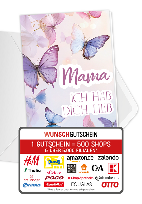 Wunschgutschein Mama hab dich lieb - Schmetterlinge Lila – Geschenkgutschein Ansicht 1