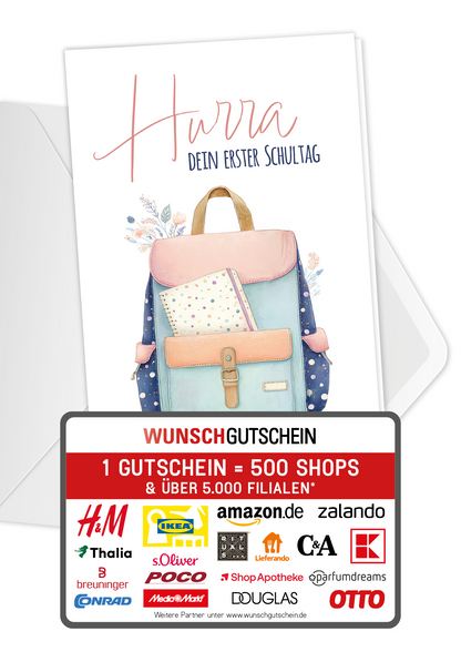 Wunschgutschein Hurra erster Schultag - Rucksack PDF – Geschenkgutschein Ansicht 1