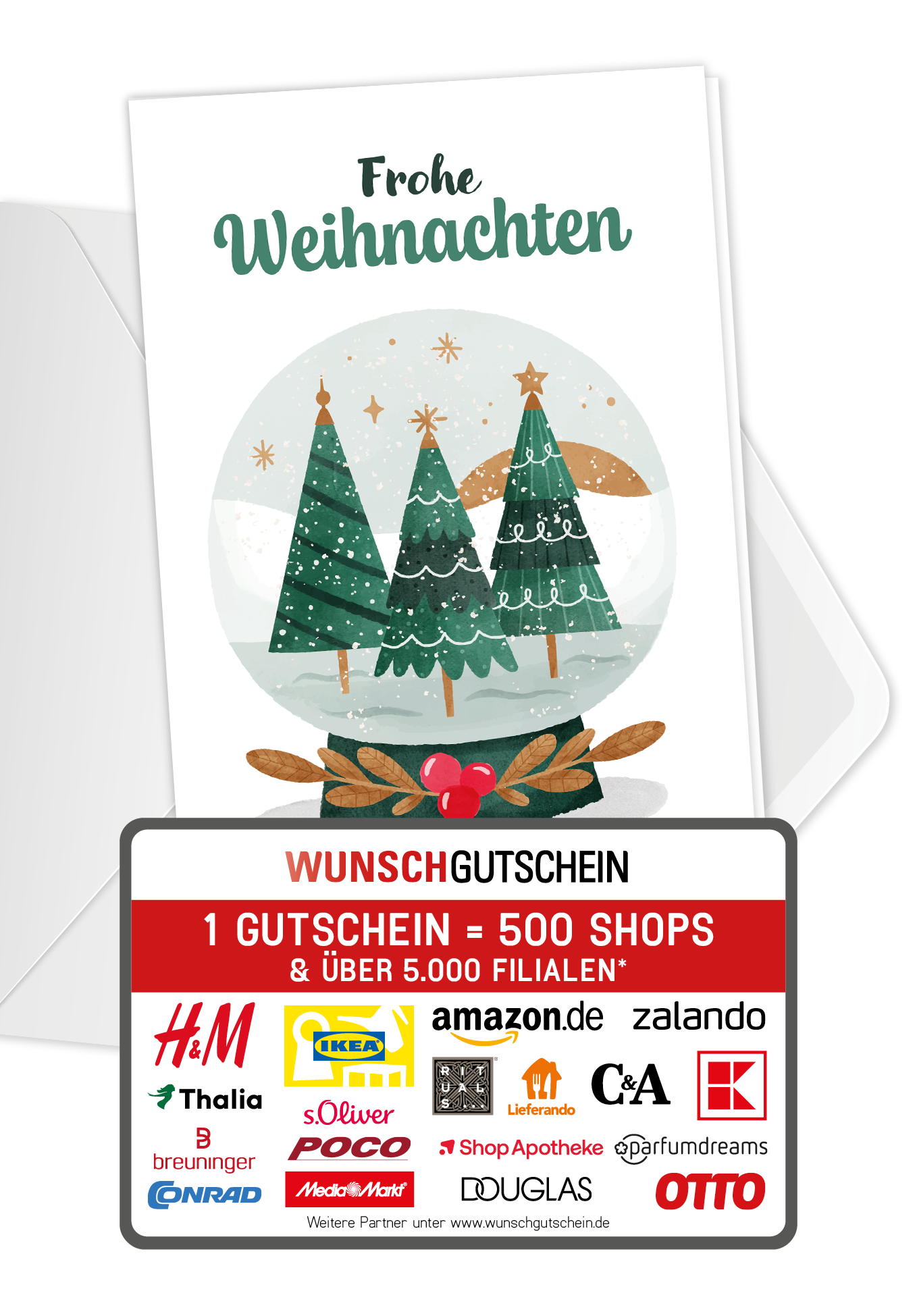 Wunschgutschein Frohe Weihnachten - Schneekugel Bäume – Geschenkgutschein Ansicht 1