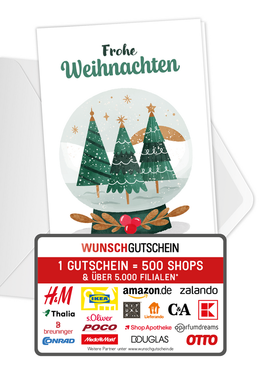 Wunschgutschein Frohe Weihnachten - Schneekugel Bäume – Geschenkgutschein Ansicht 1