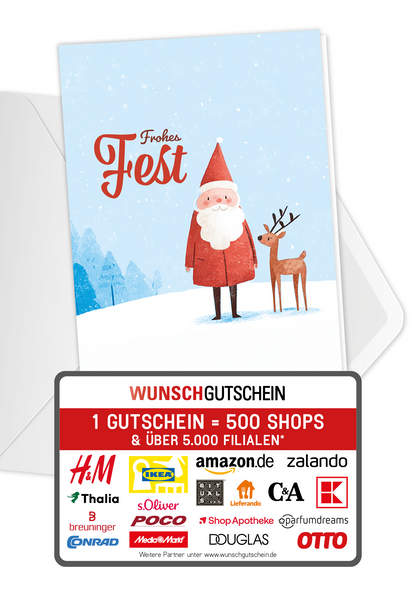 Wunschgutschein Frohes Fest - Weihnachtsmann Rentier – Geschenkgutschein Ansicht 1
