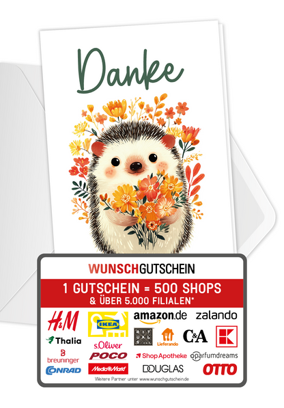 Wunschgutschein Danke - Igel Blumen PDF – Geschenkgutschein Ansicht 1