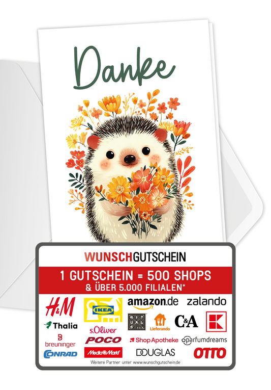 Wunschgutschein Danke - Igel Blumen PDF – Geschenkgutschein Ansicht 1