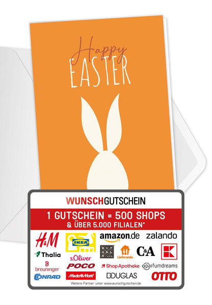 Wunschgutschein Happy Easter - Hase Weiß Orange PDF – Geschenkgutschein Ansicht 1