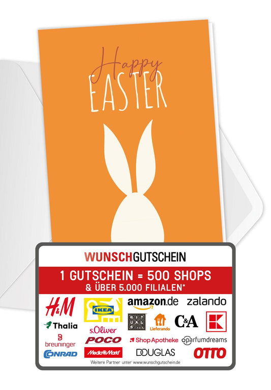 Wunschgutschein Happy Easter - Hase Weiß Orange PDF – Geschenkgutschein Ansicht 1