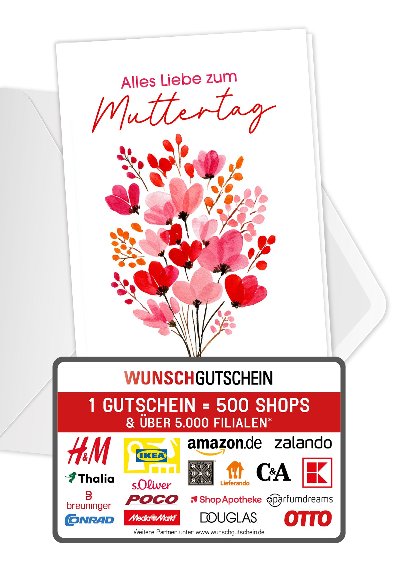 Wunschgutschein Alles Liebe zum Muttertag - Blumenstrauß Rosa Rot PDF – Geschenkgutschein Ansicht 1