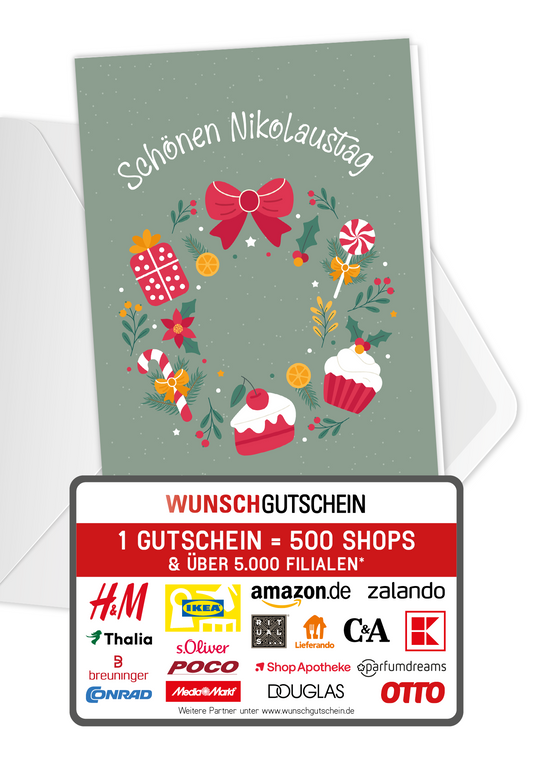 Wunschgutschein Schönen Nikolaustag - Kranz Süßigkeiten – Geschenkgutschein Ansicht 1