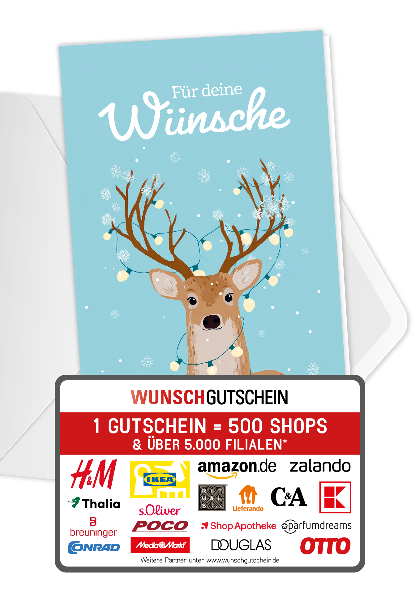 Wunschgutschein Für deine Wünsche - Rentier Lichterkette – Geschenkgutschein Ansicht 1