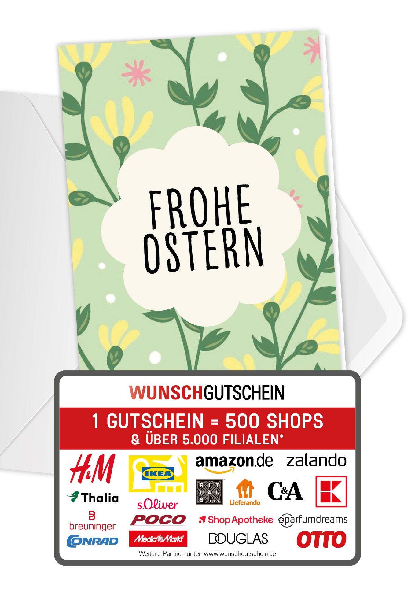 Wunschgutschein Frohe Ostern - Blumenmuster Grün – Geschenkgutschein Ansicht 1