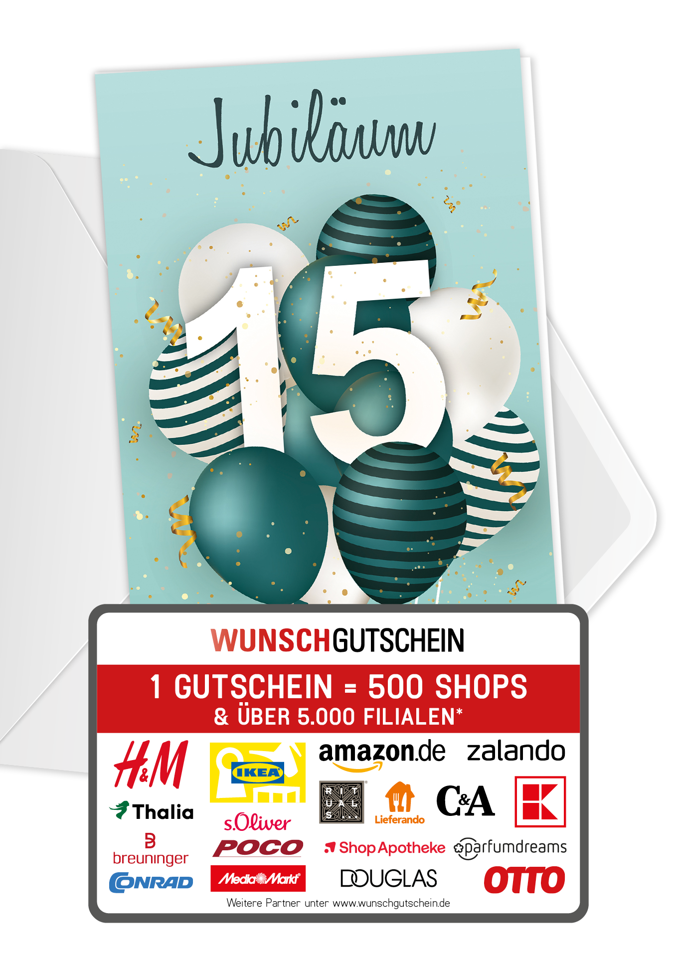Wunschgutschein 15 Jahre Jubiläum - Ballons Grün – Geschenkgutschein Ansicht 1