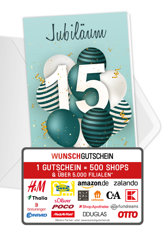 Wunschgutschein 15 Jahre Jubiläum - Ballons Grün – Geschenkgutschein Ansicht 1