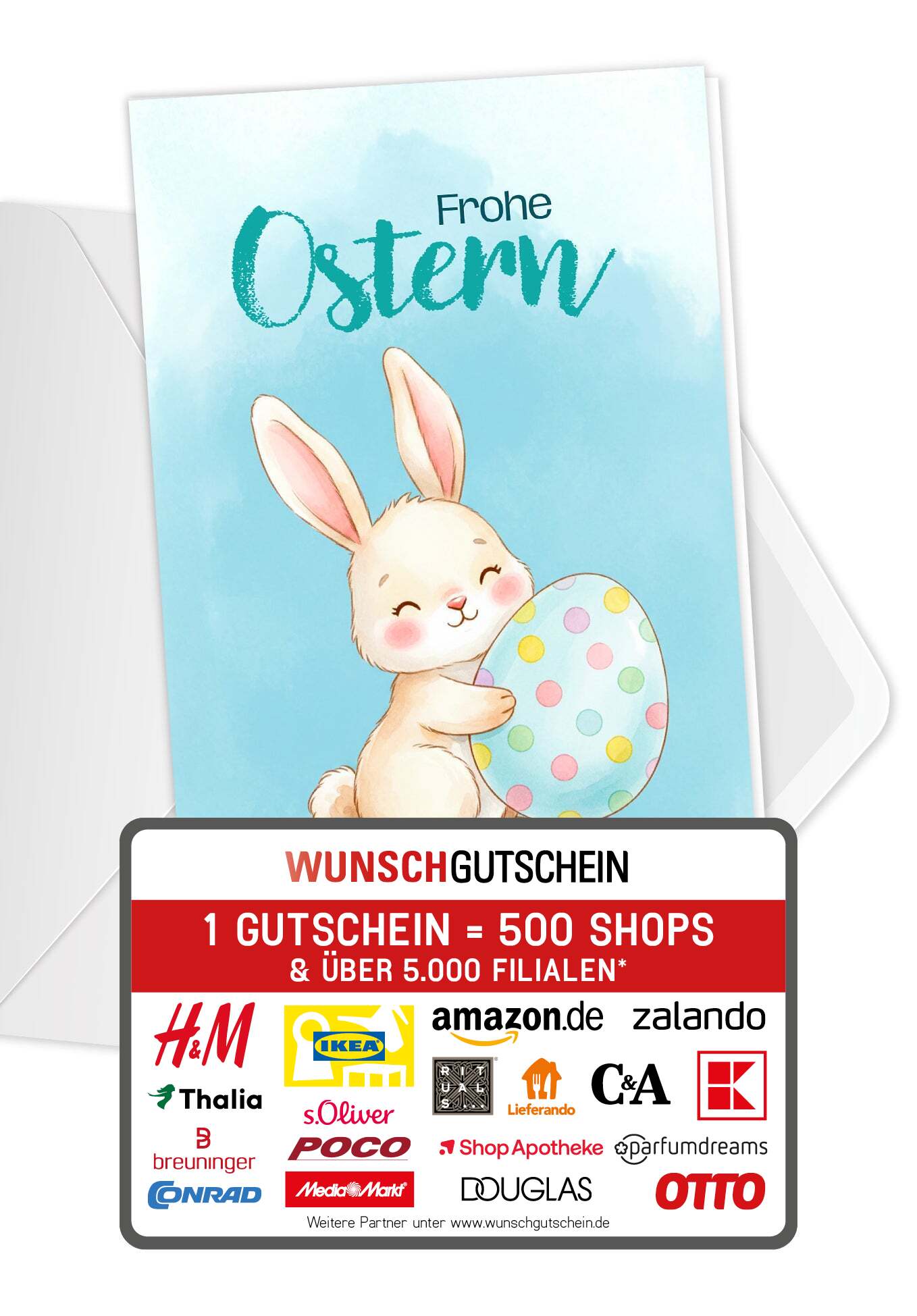 Wunschgutschein Frohe Ostern - Hase mit Ei Blau – Geschenkgutschein Ansicht 1