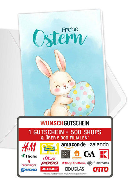 Wunschgutschein Frohe Ostern - Hase mit Ei Blau – Geschenkgutschein Ansicht 1