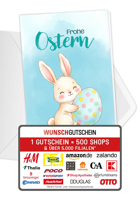 Wunschgutschein Frohe Ostern - Hase mit Ei Blau – Geschenkgutschein Ansicht 1