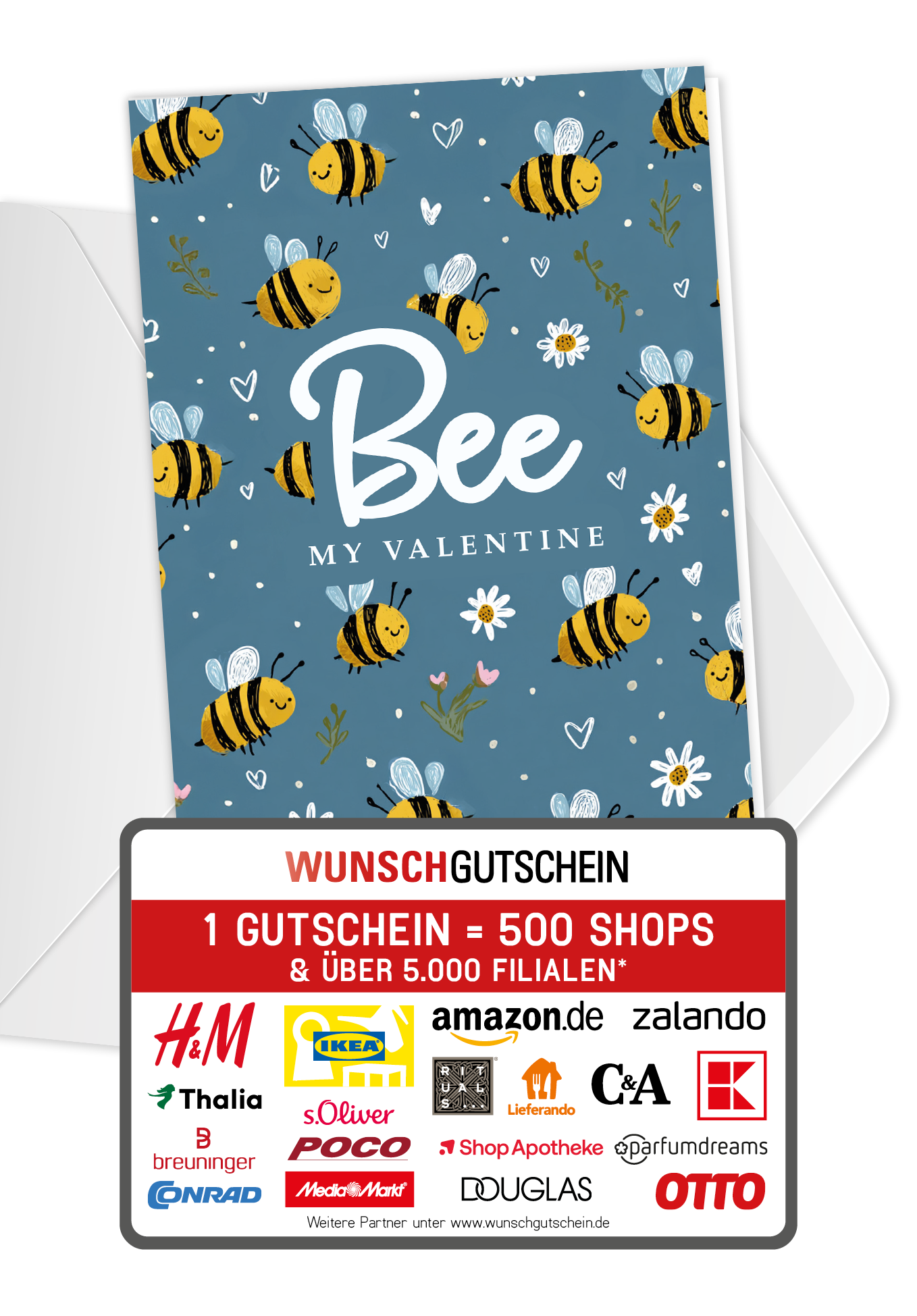 Wunschgutschein Bee my Valentine - Bienenmuster Blau PDF – Geschenkgutschein Ansicht 1