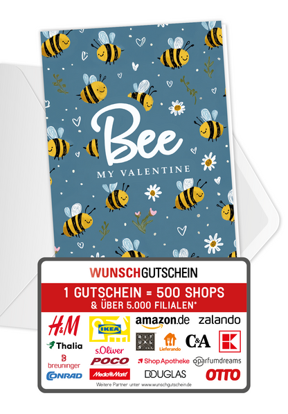 Wunschgutschein Bee my Valentine - Bienenmuster Blau PDF – Geschenkgutschein Ansicht 1