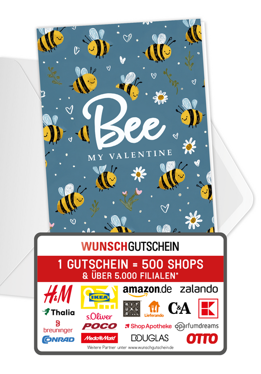 Wunschgutschein Bee my Valentine - Bienenmuster Blau PDF – Geschenkgutschein Ansicht 1