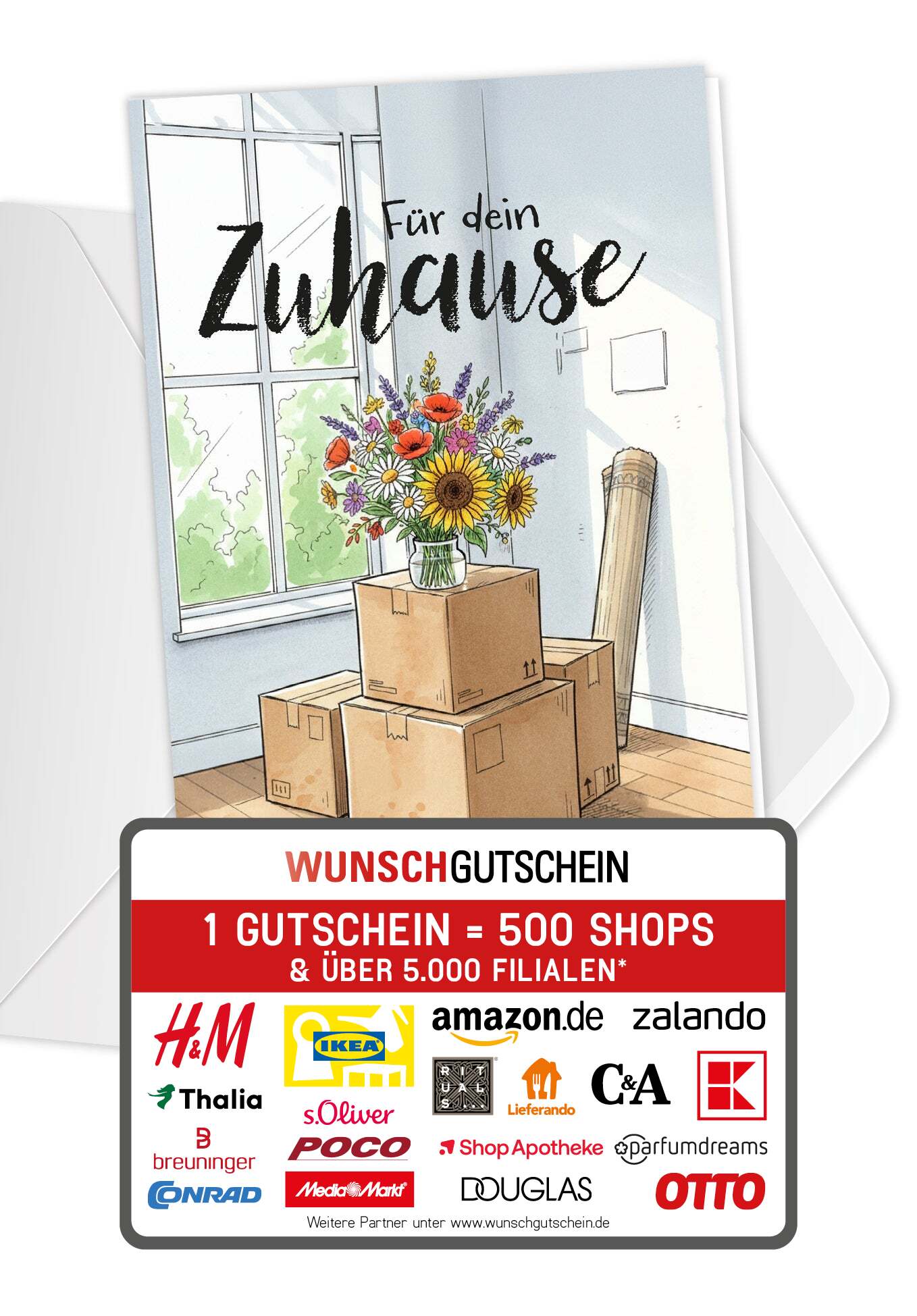 Wunschgutschein Für dein Zuhause - Blumenstrauß und Kartons – Geschenkgutschein Ansicht 1