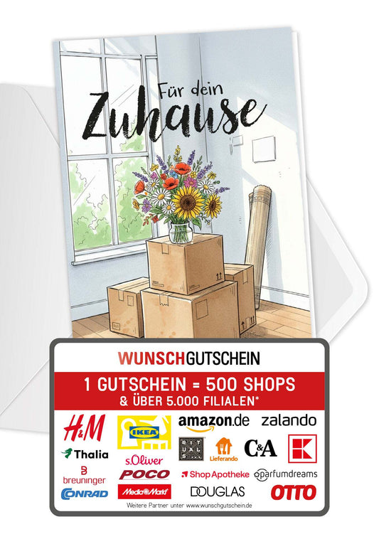 Wunschgutschein Für dein Zuhause - Blumenstrauß und Kartons – Geschenkgutschein Ansicht 1
