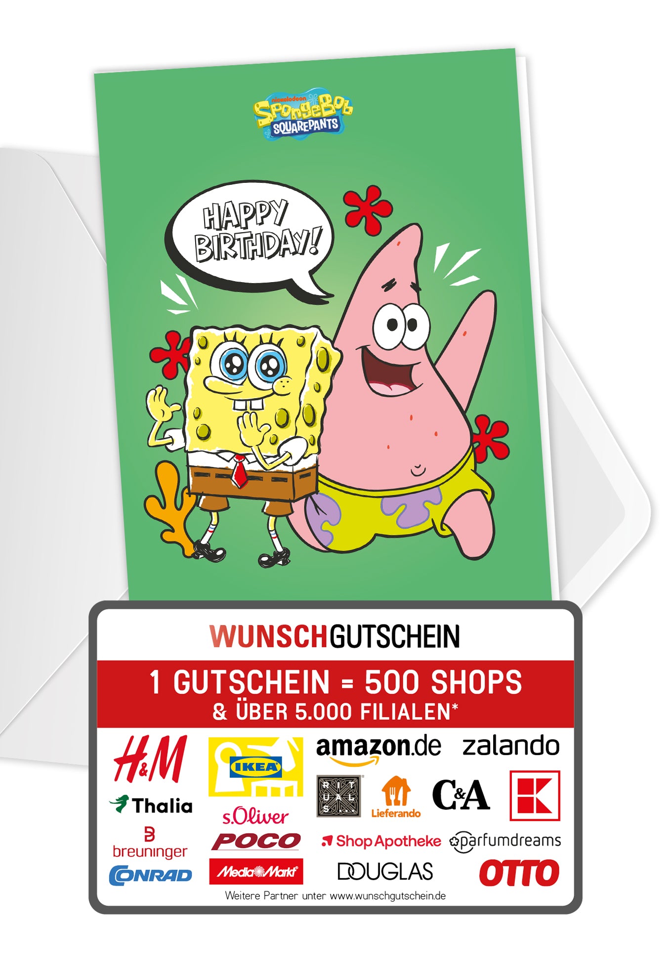 Wunschgutschein Spongebob - Happy Birthday - Spongebob und Patrick Grün – Geschenkgutschein Ansicht 1