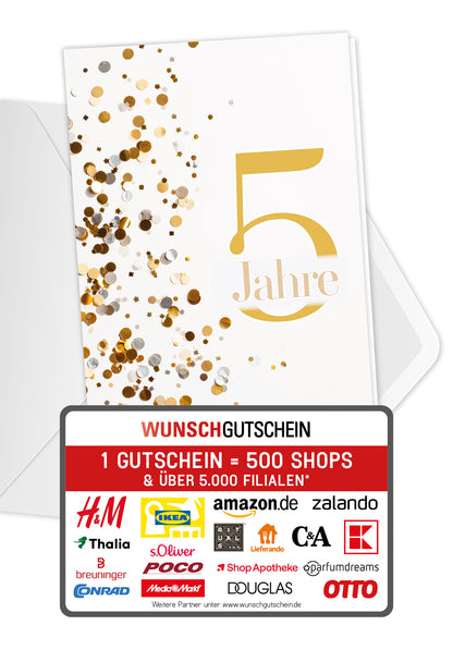 Wunschgutschein 5 Jahre - Konfetti Gold – Geschenkgutschein Ansicht 1
