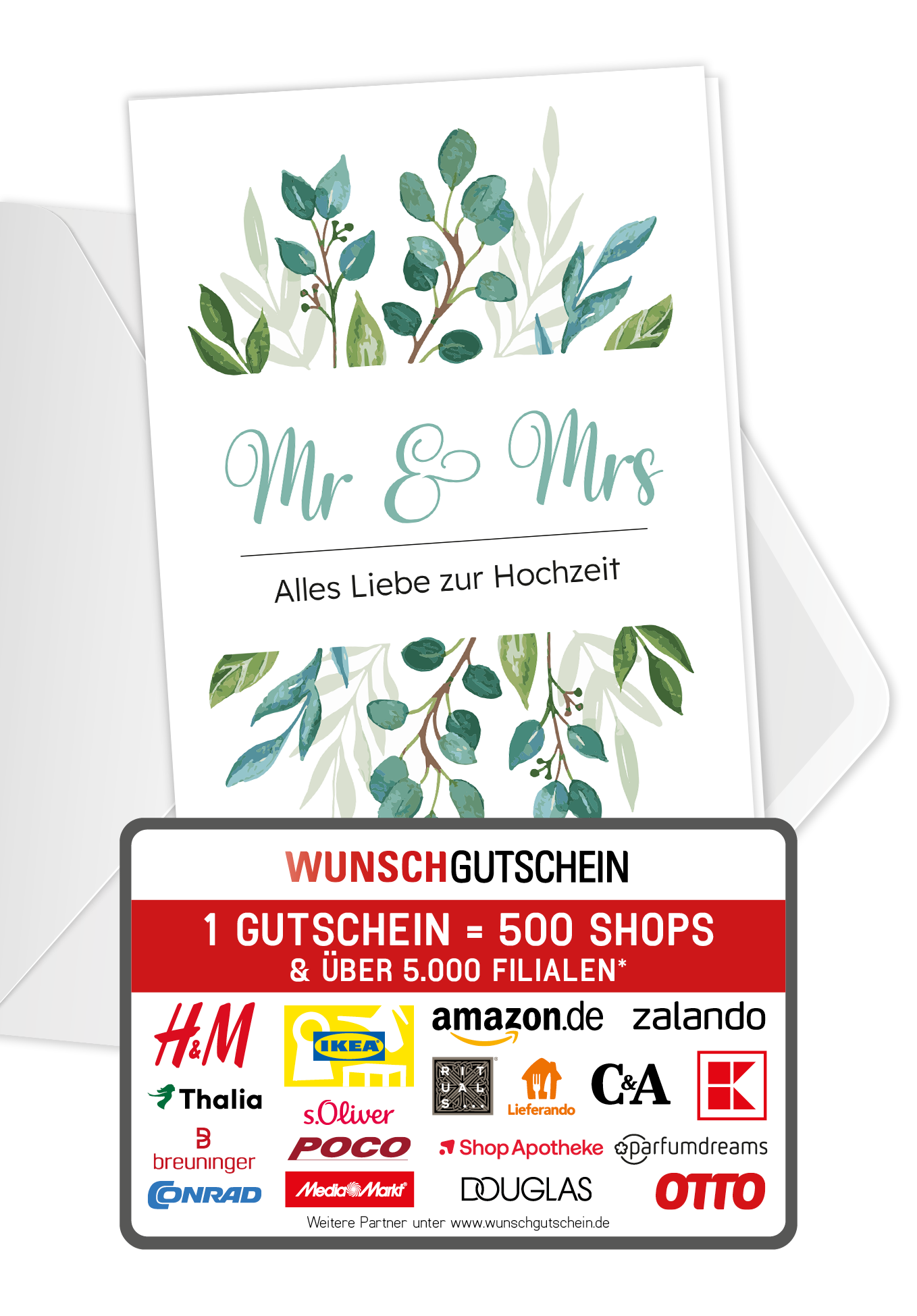 Wunschgutschein Mr u Mrs - Blätter Zweige – Geschenkgutschein Ansicht 1