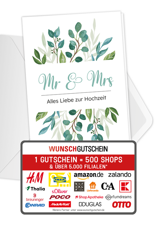 Wunschgutschein Mr u Mrs - Blätter Zweige – Geschenkgutschein Ansicht 1