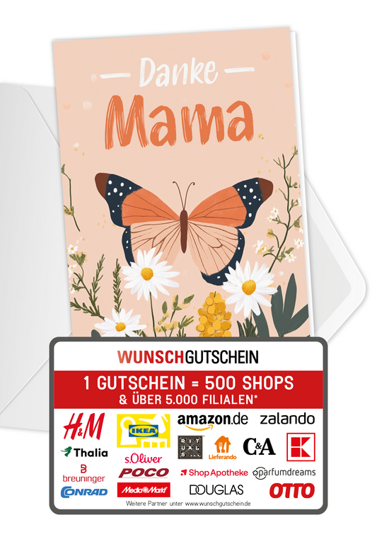 Wunschgutschein Danke Mama - Schmetterling Orange PDF – Geschenkgutschein Ansicht 1