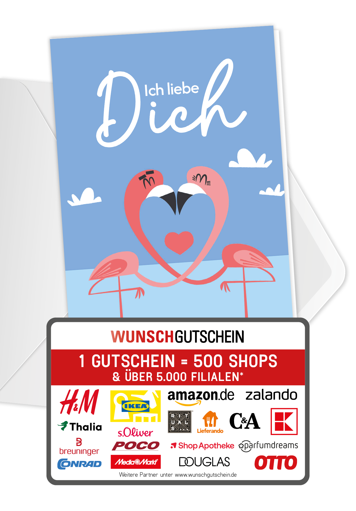 Wunschgutschein Ich liebe Dich - Flamingos – Geschenkgutschein Ansicht 1