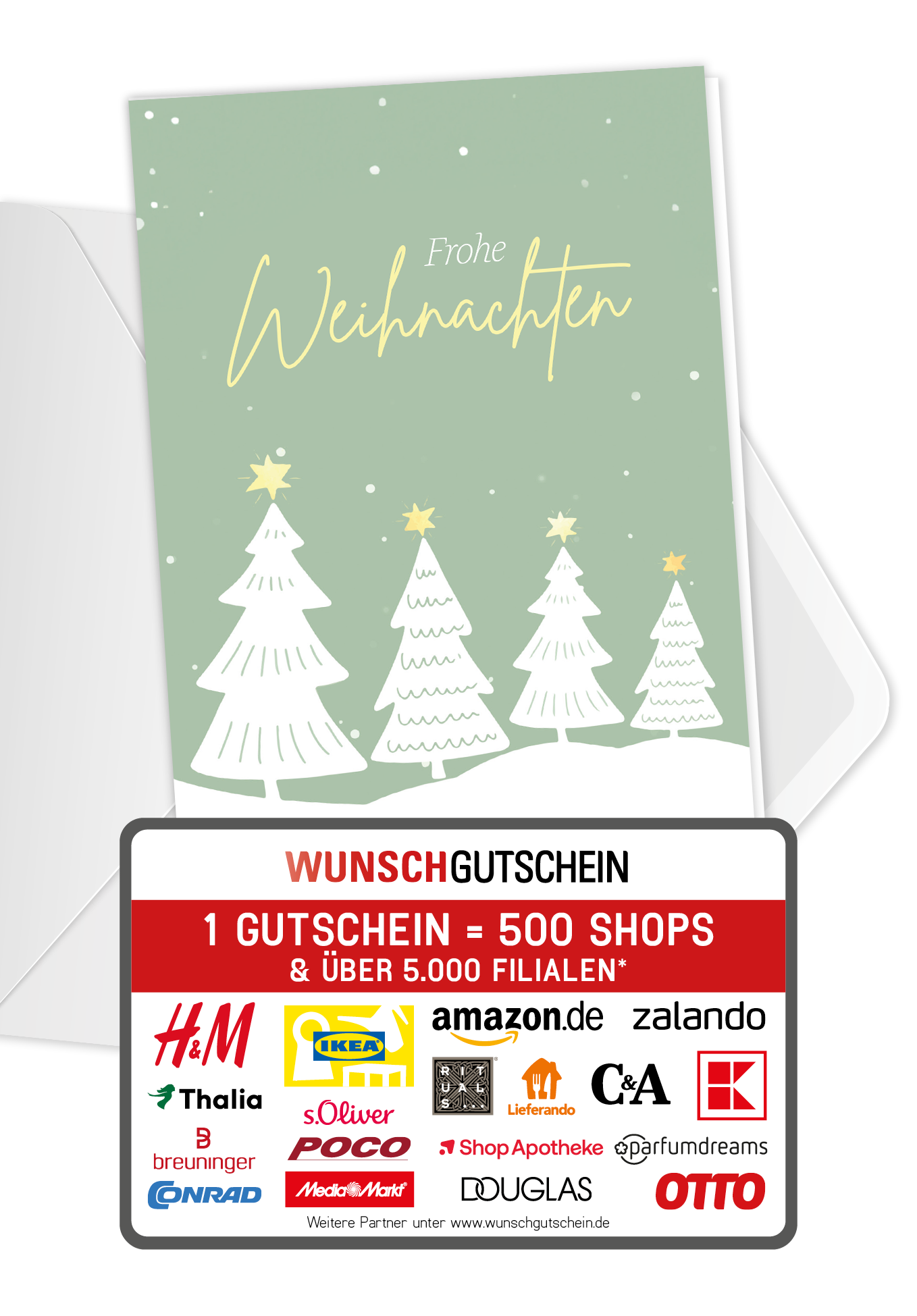 Wunschgutschein Frohe Weihnachten - Tannen Grün Gelb – Geschenkgutschein Ansicht 1