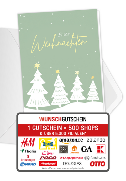 Wunschgutschein Frohe Weihnachten - Tannen Grün Gelb – Geschenkgutschein Ansicht 1