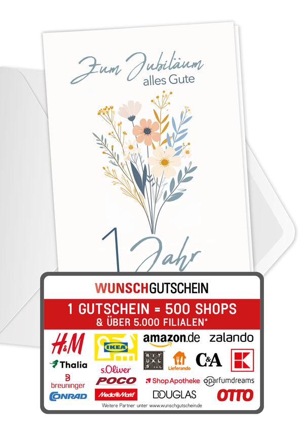 Wunschgutschein 1 Jahr - Blumenstrauß Weiß PDF – Geschenkgutschein Ansicht 1