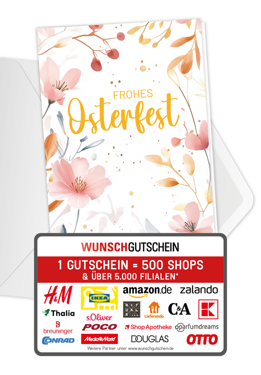 Wunschgutschein Frohes Osterfest - Aquarellblumen Rosa – Geschenkgutschein Ansicht 1