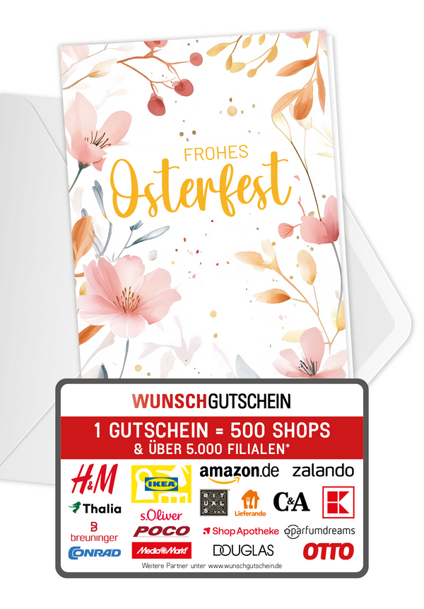 Wunschgutschein Frohes Osterfest - Aquarellblumen Rosa – Geschenkgutschein Ansicht 1