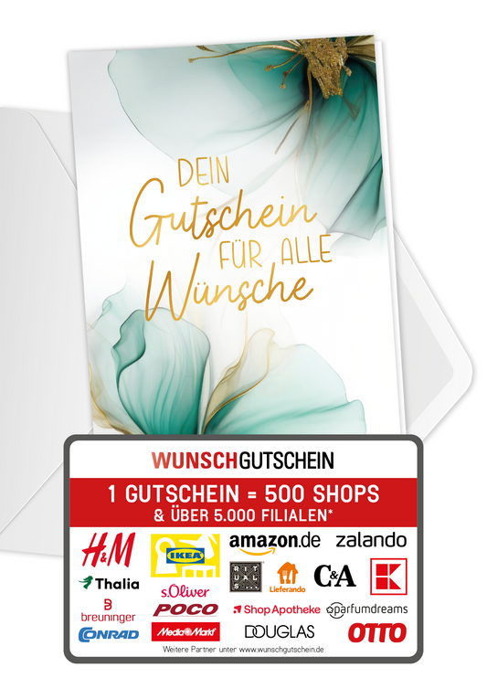 Wunschgutschein Für alle Wünsche - Blumen Grün Gold – Geschenkgutschein Ansicht 1