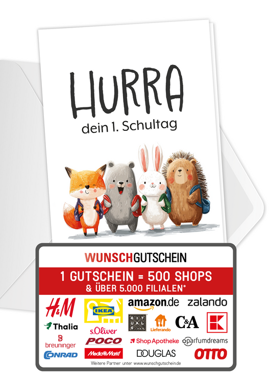 Wunschgutschein Hurra erster Schultag - Tierkinder – Geschenkgutschein Ansicht 1
